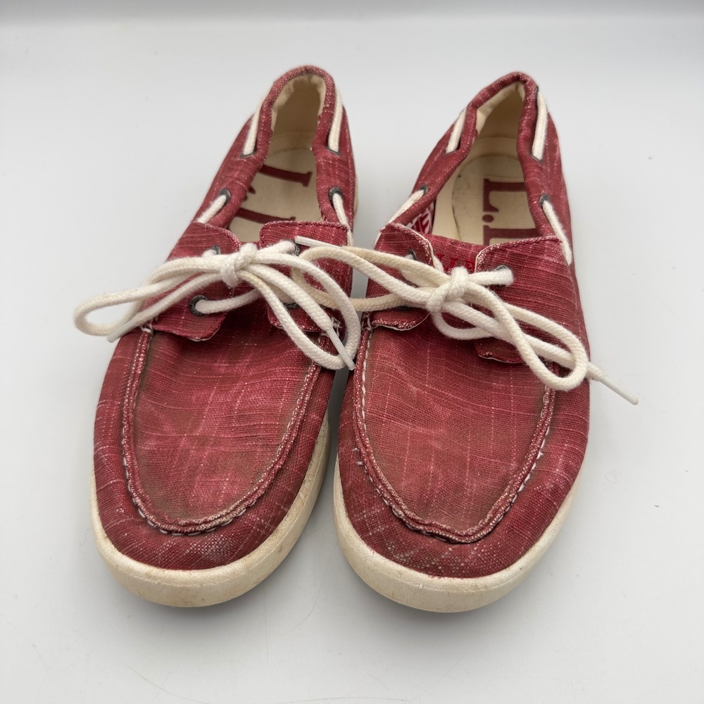 LL Bean Womens Red Canvas Boat Shoes Size 7.5 M 503205 Nautical Loafers - Picture 1 of 8